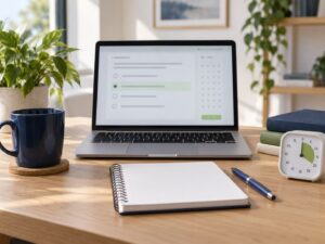 Laptop met oefenvragen, notitieboek en timer